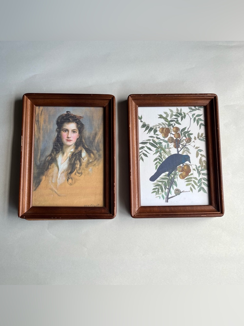 Vintage Medium Tone Wood Picture Photo Frames w/ Fine Art Prints-Set of 2
